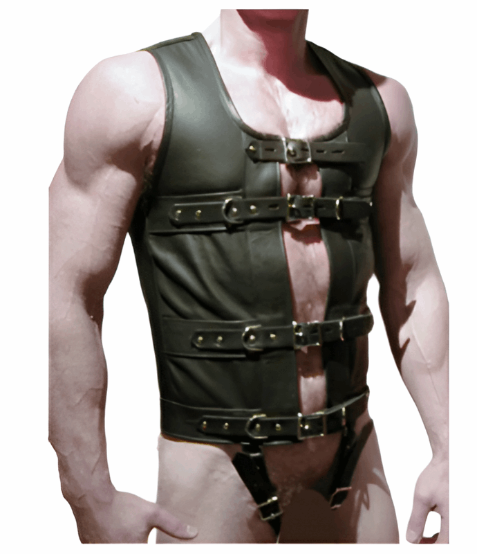 Handmade Black Men's Genuine Leather Corset Vest, Fully Lockable - OFF PATT