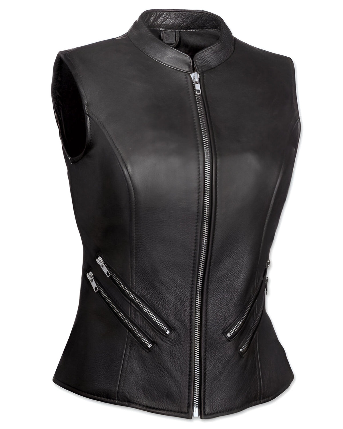 Women's Black Leather Bikers Waistcoat Vest - OFF PATT