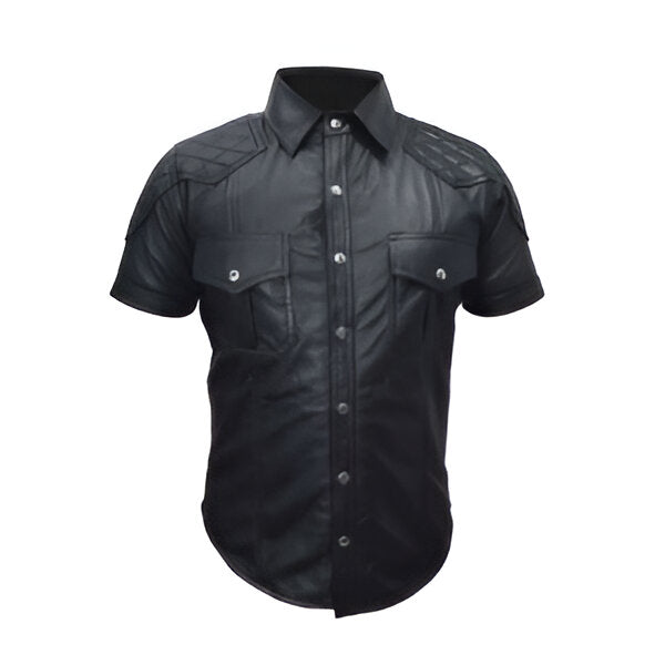 Black Leather Police Uniform Style Shirt Quilted Shoulder